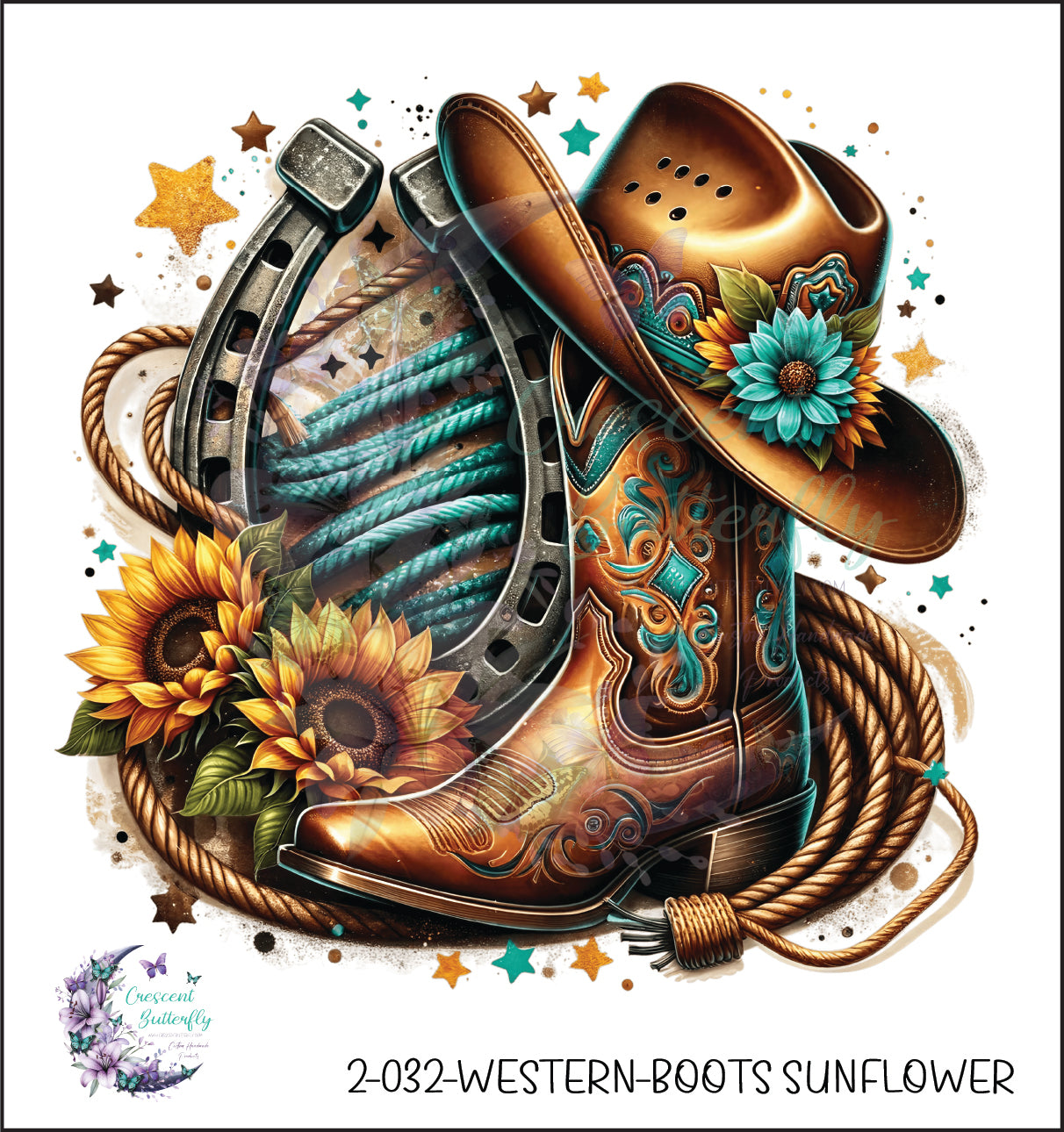 2-032-Western-Boots Sunflower UV DTF Decal