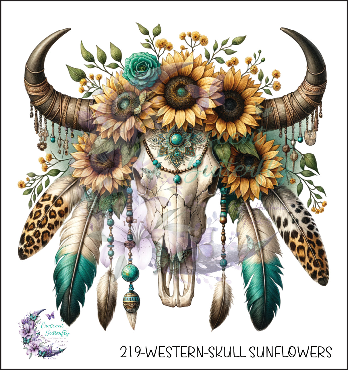 219-Western-Skull Sunflowers UV DTF Decal