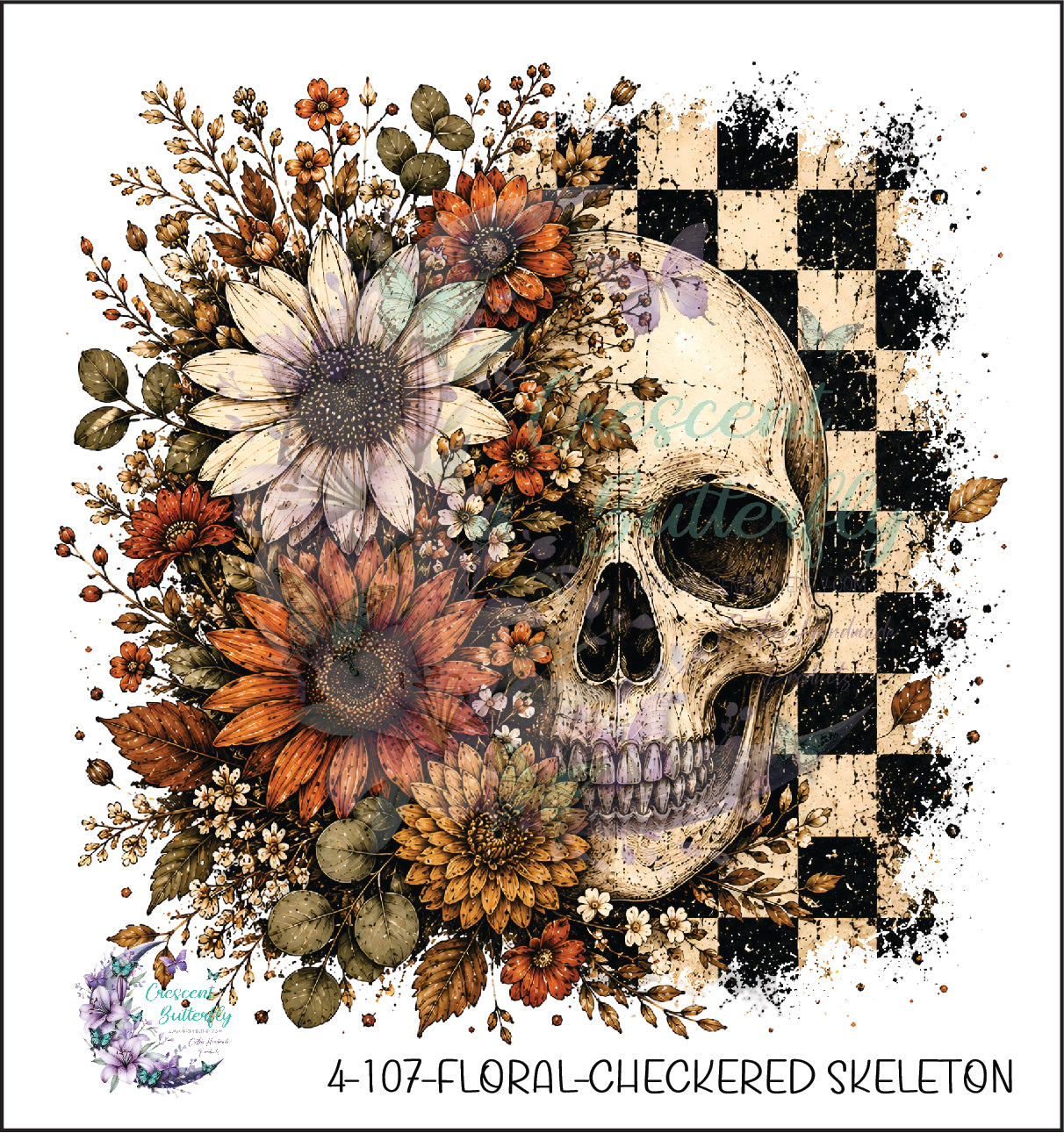 4-107-Floral-Checkered Skeleton UV DTF Decal