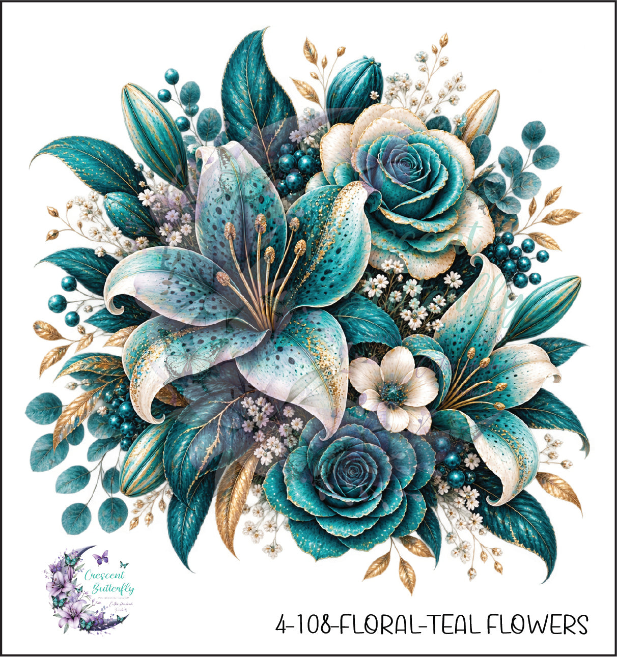 4-108-Floral-Teal Flowers UV DTF Decal