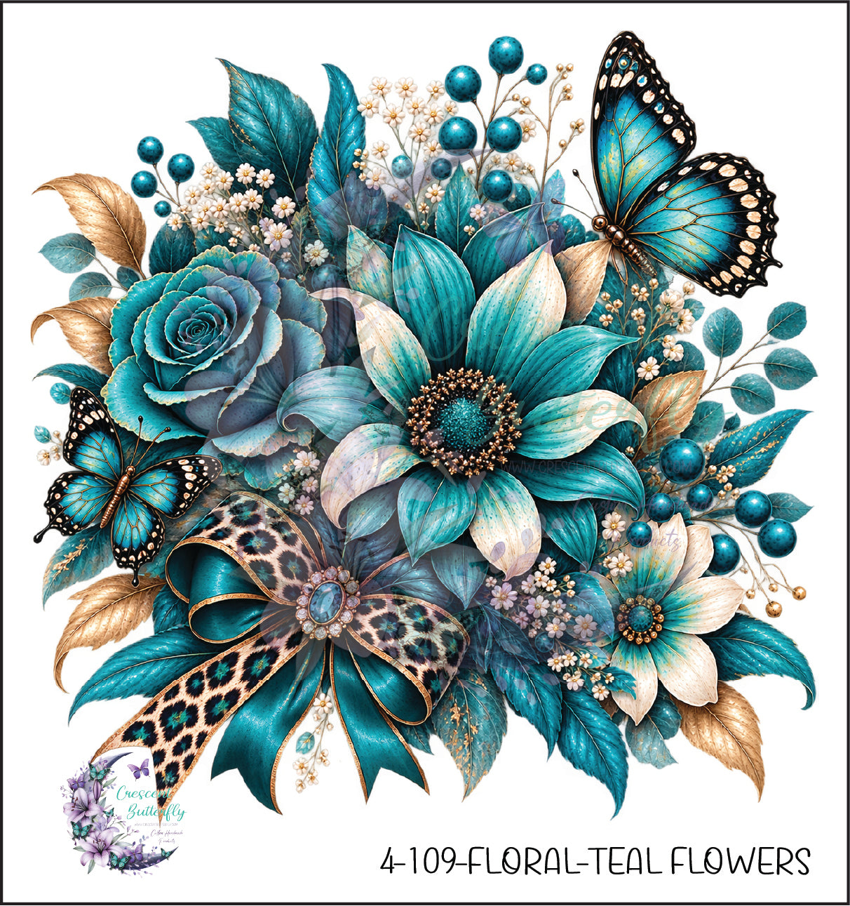 4-109-Floral-Teal Flowers UV DTF Decal