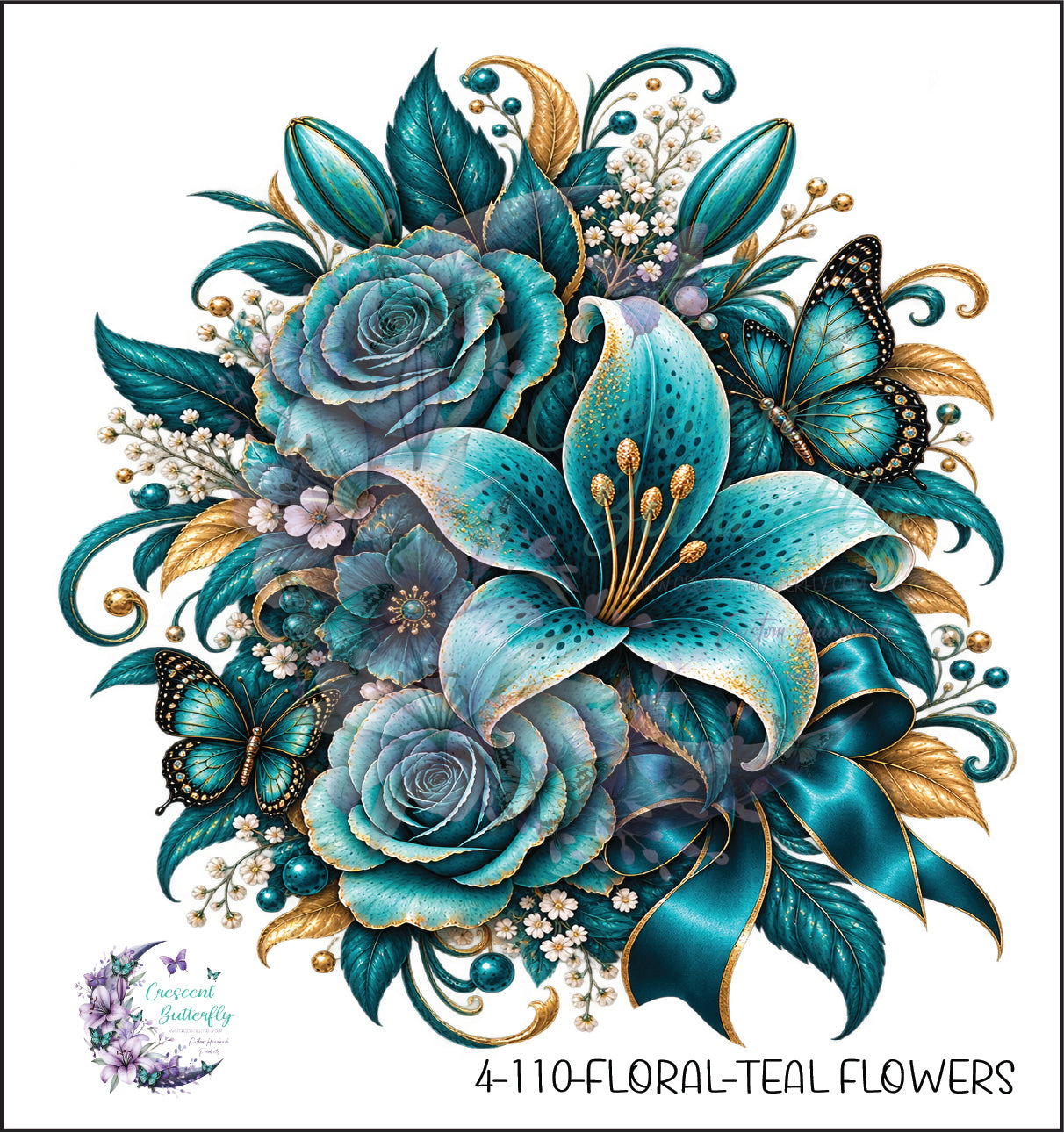 4-110-Floral-Teal Flowers UV DTF Decal
