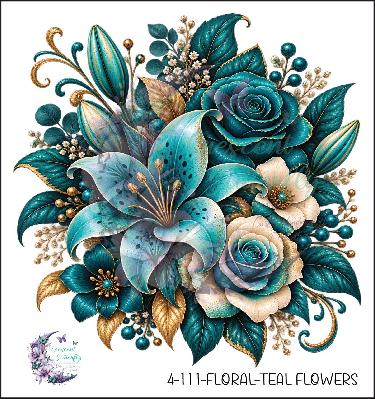 4-111-Floral-Teal Flowers UV DTF Decal