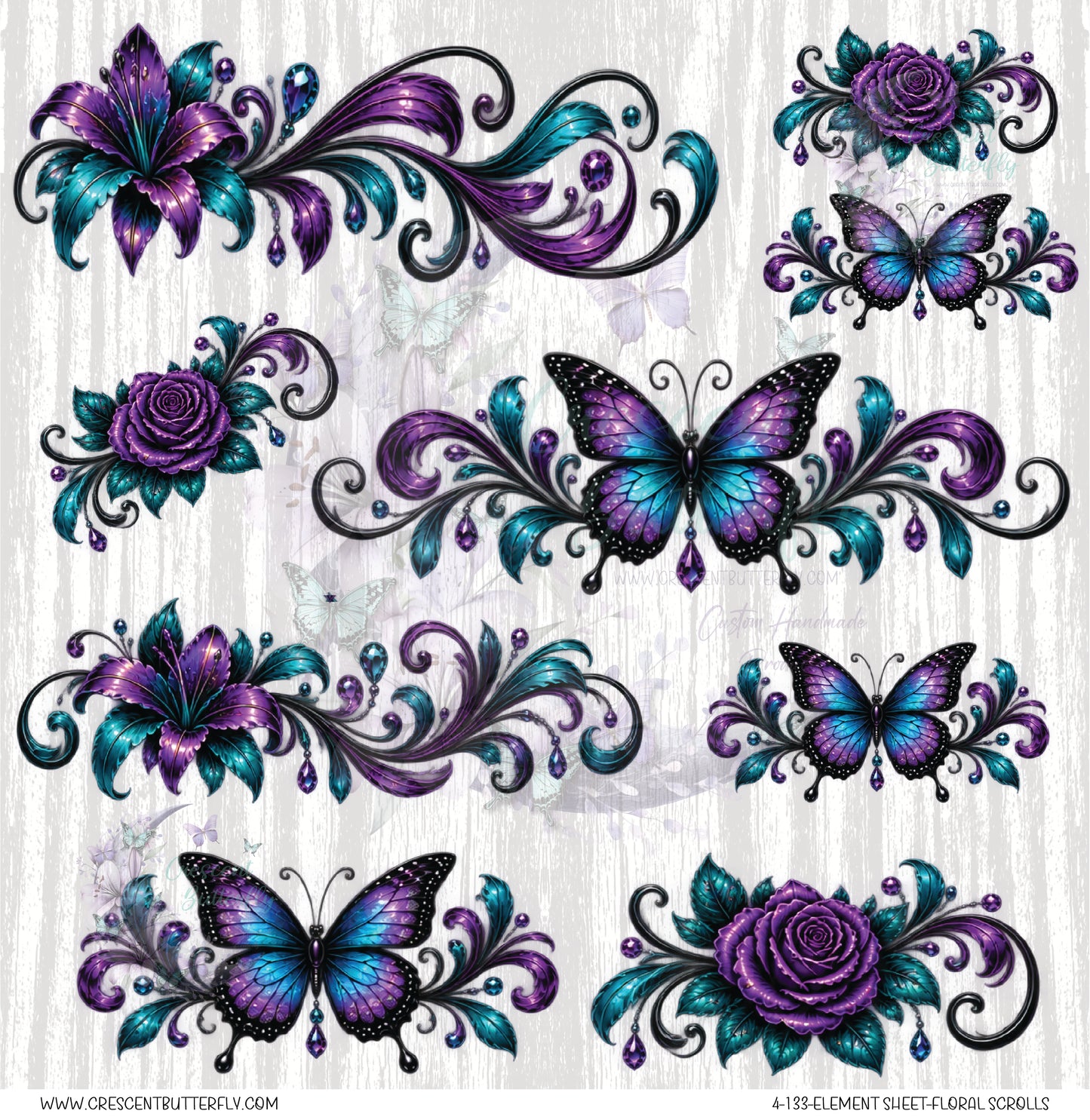 4-133-Element Sheet-Floral Scrolls UV DTF