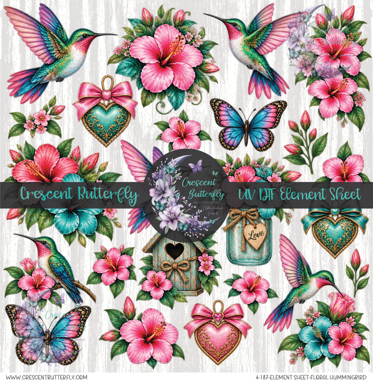4-187-Element Sheet-Floral Hummingbird UV DTF