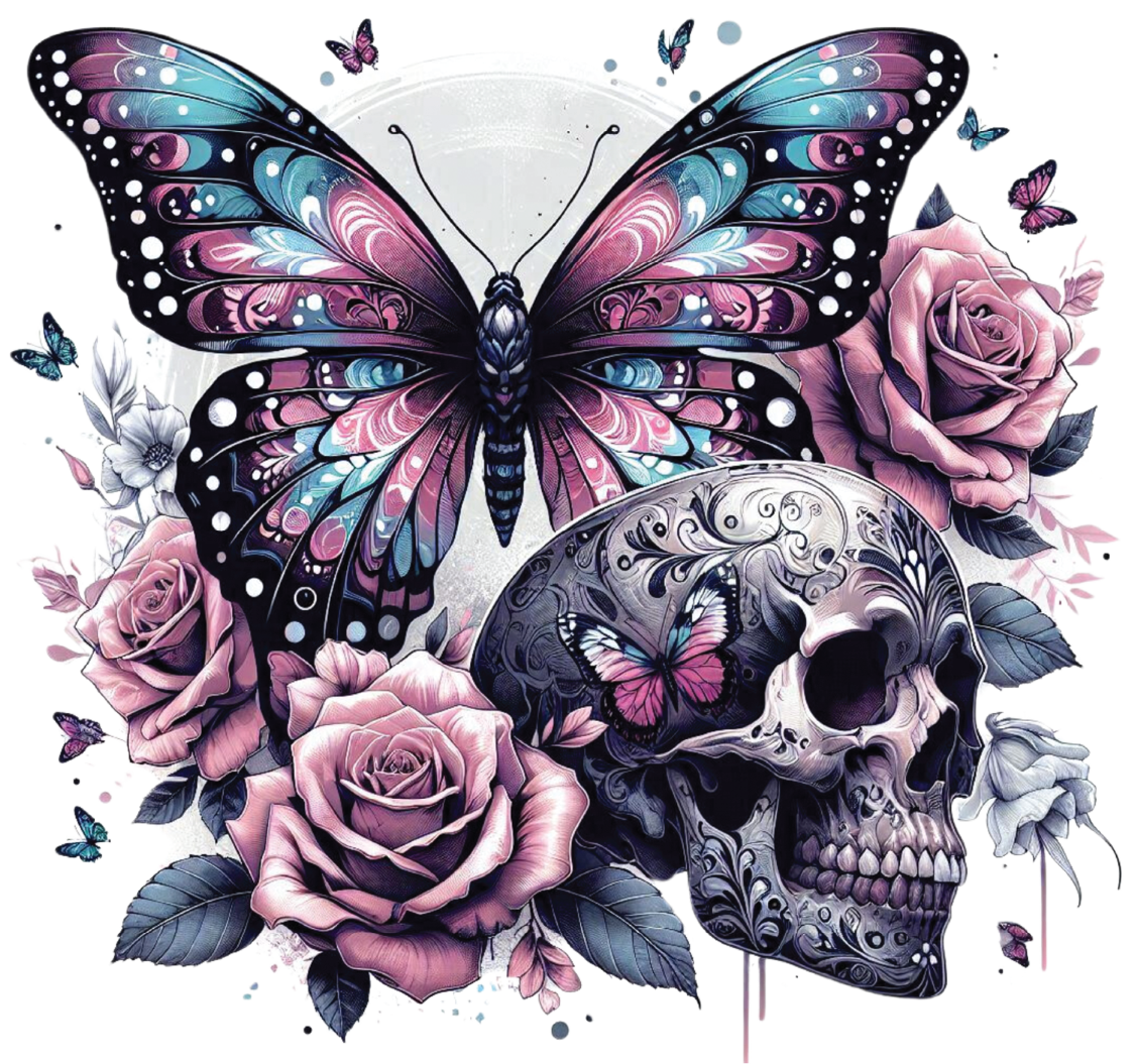 483-Floral-Pink Butterfly Skull17 UV DTF Decal