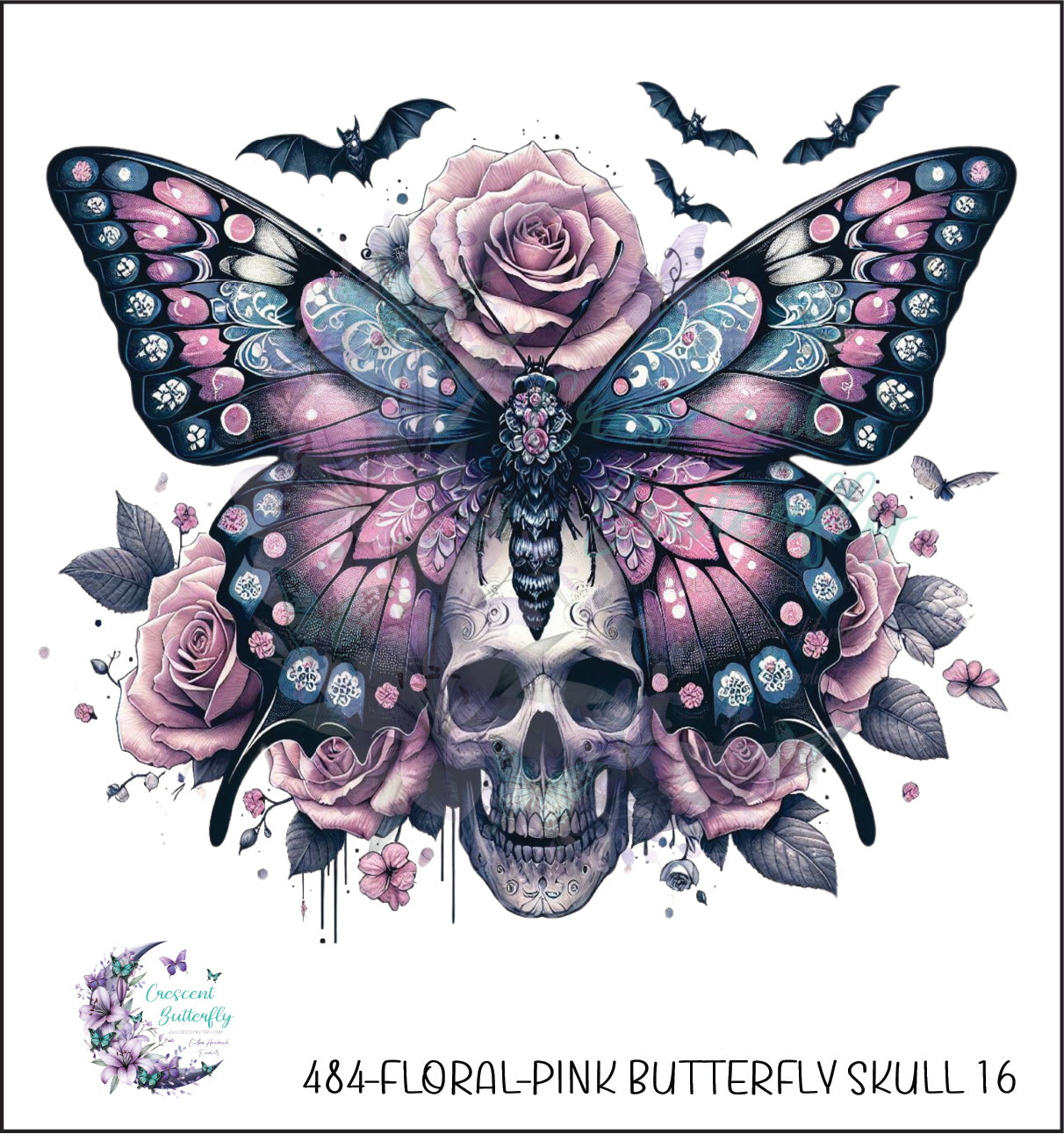484-Floral-Pink Butterfly Skull 16 UV DTF Decal