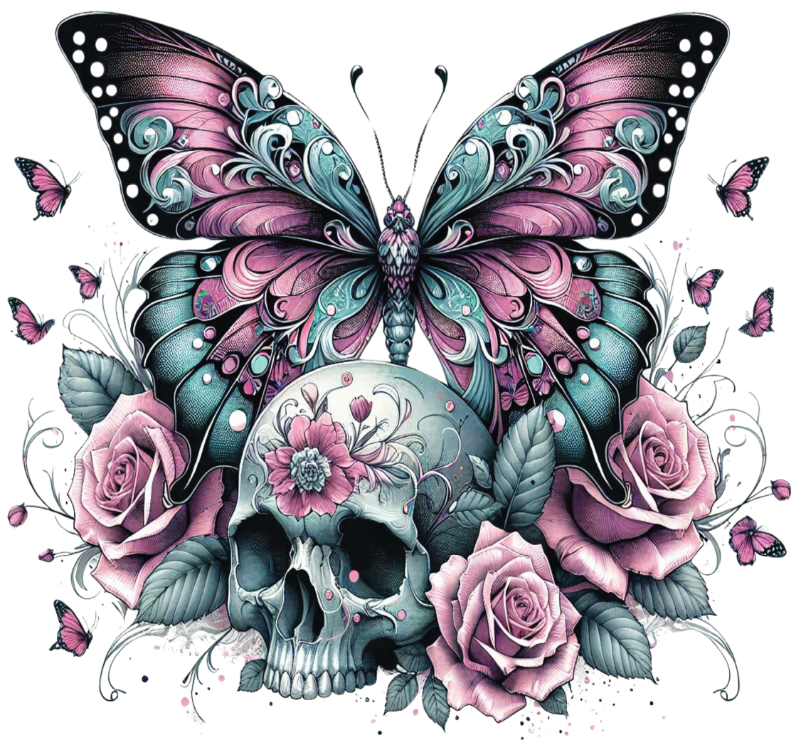 485-Floral-Pink Butterfly Skull 18 UV DTF Decal
