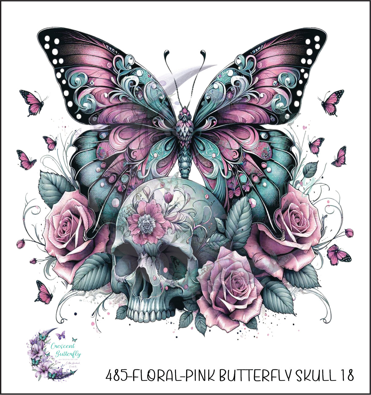 485-Floral-Pink Butterfly Skull 18 UV DTF Decal
