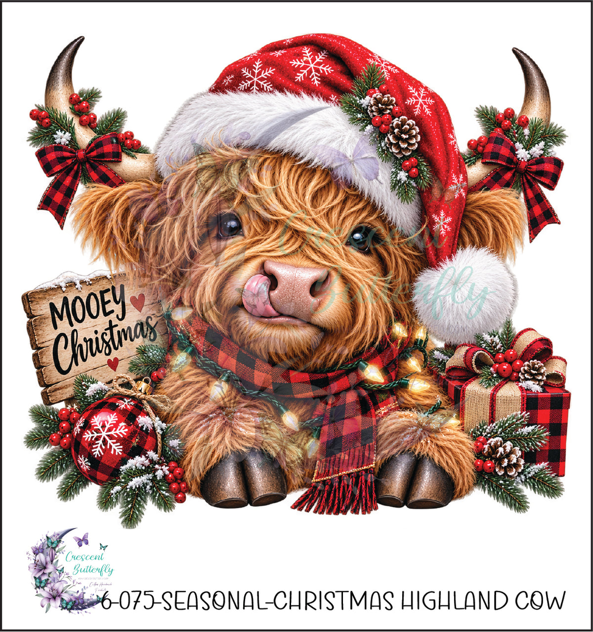 6-075-Seasonal-Christmas Highland Cow UV DTF Decal