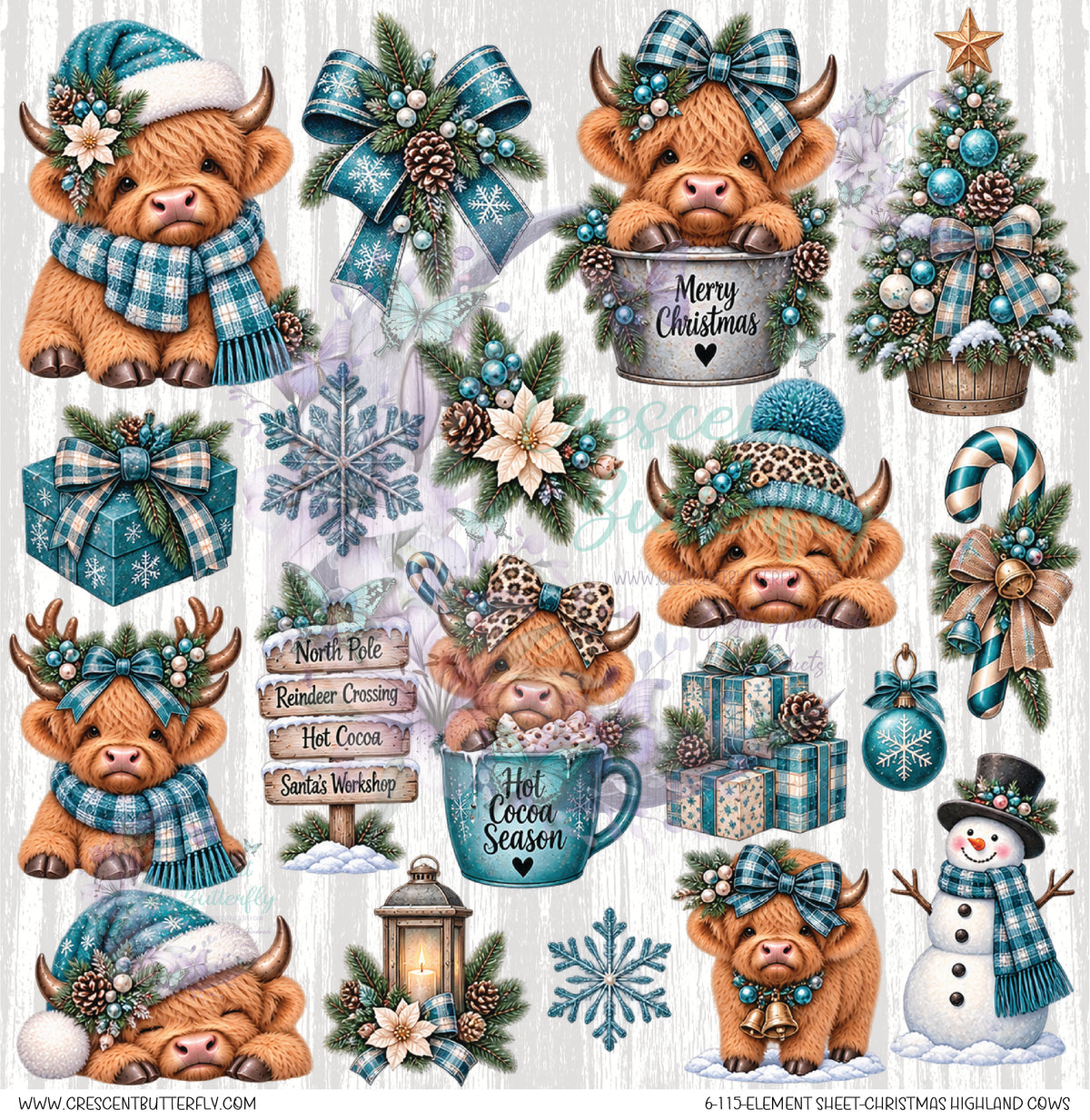 6-115-Element Sheet-Christmas Highland Cows UV DTF