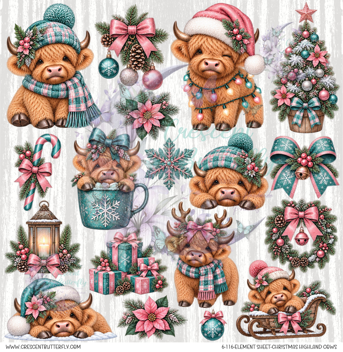 6-116-Element Sheet-Christmas Highland Cows UV DTF