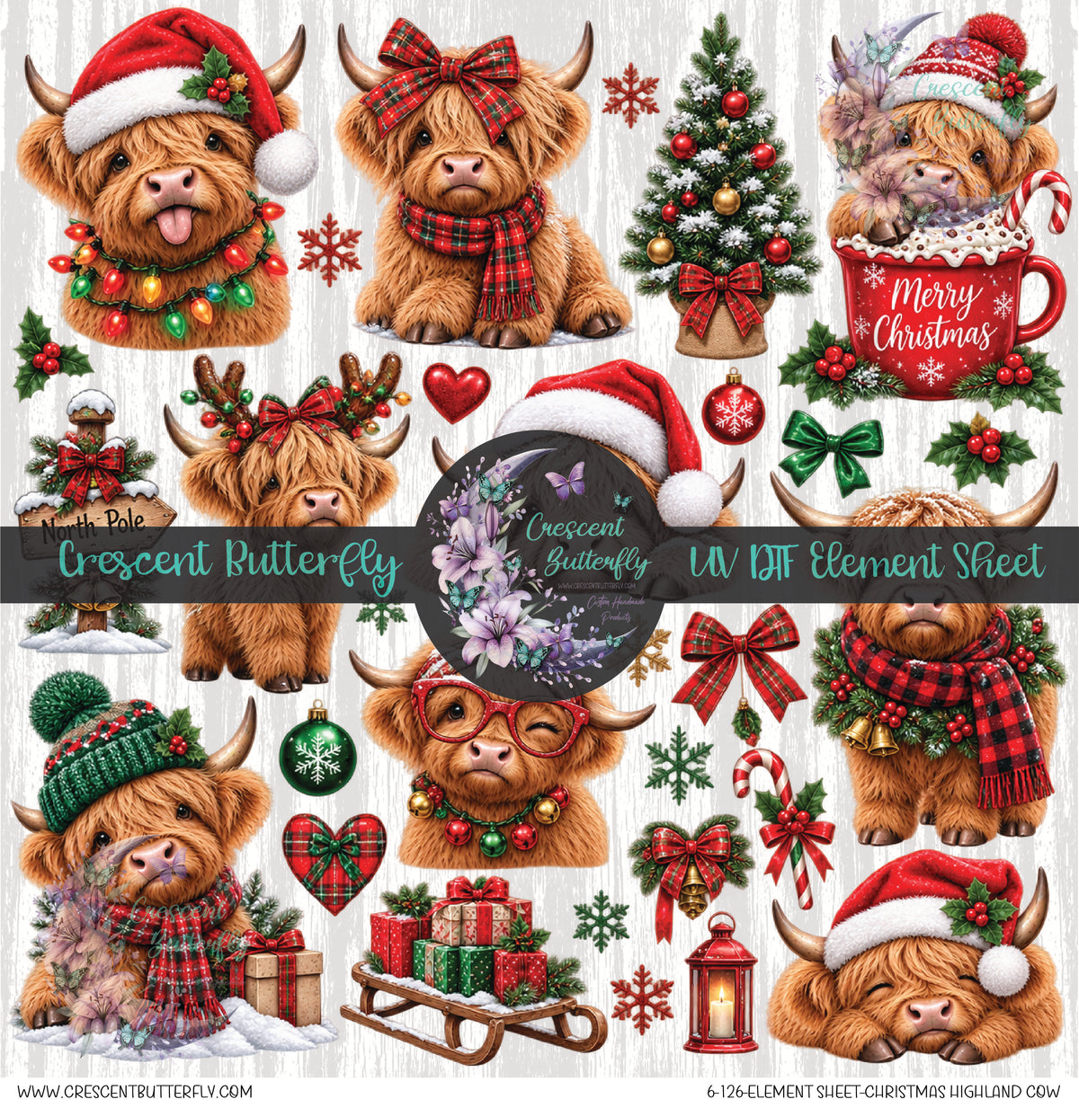 6-126-Element Sheet-Christmas Highland Cow UV DTF