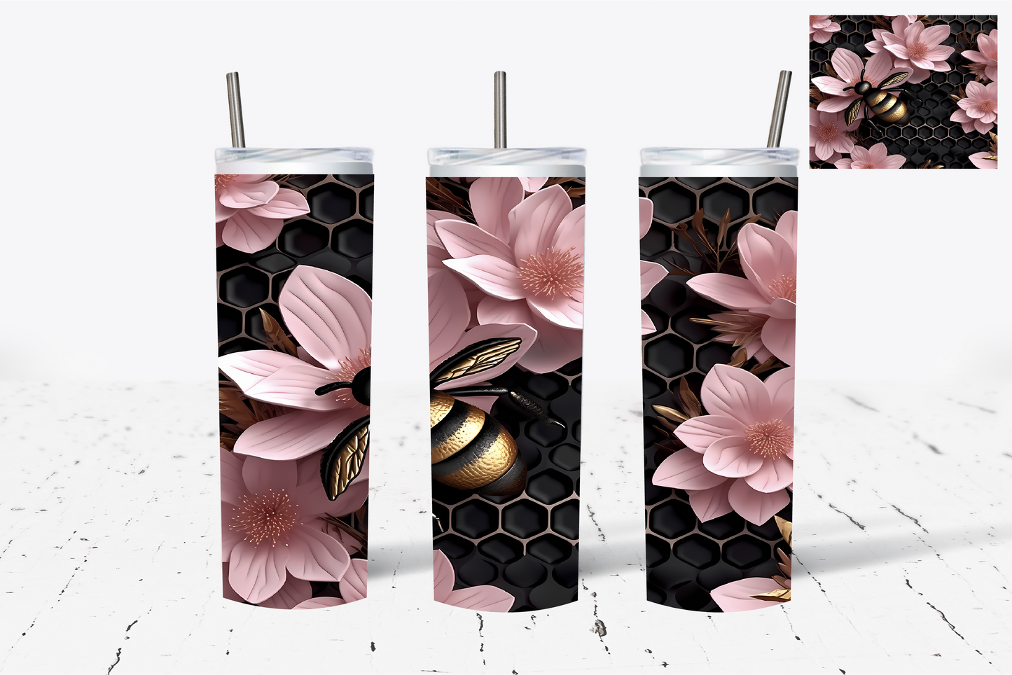 Bee Pink Flowers 3D Sublimation Tumbler