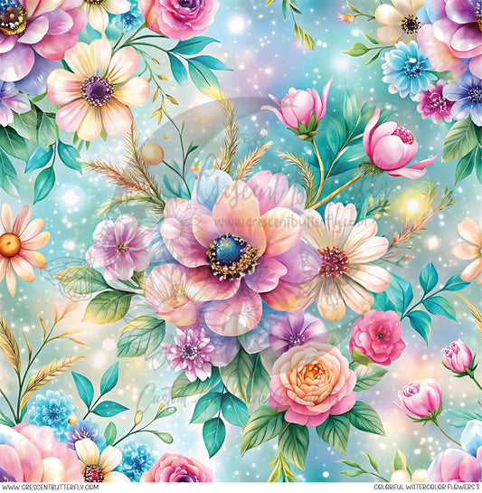 Colorful Watercolor Flowers 3 Printed Vinyl Sheet/Wrap