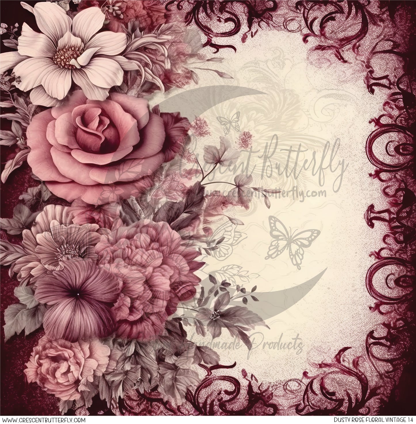 Dusty Rose Floral Vintage 14 Printed Vinyl Sheet/Wrap