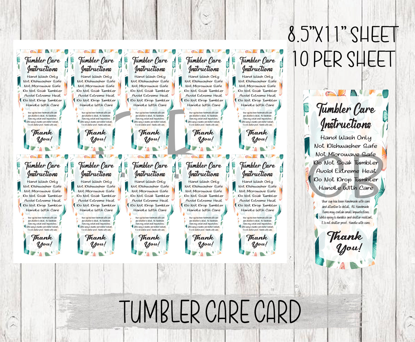 Floral Butterfly Tumbler Care Cards Digital Download