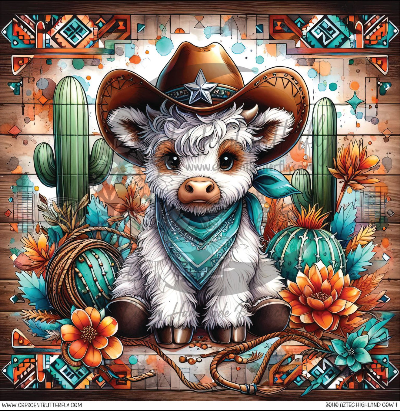 Boho Aztec Highland Cow 1 Printed Vinyl Sheet/Wrap