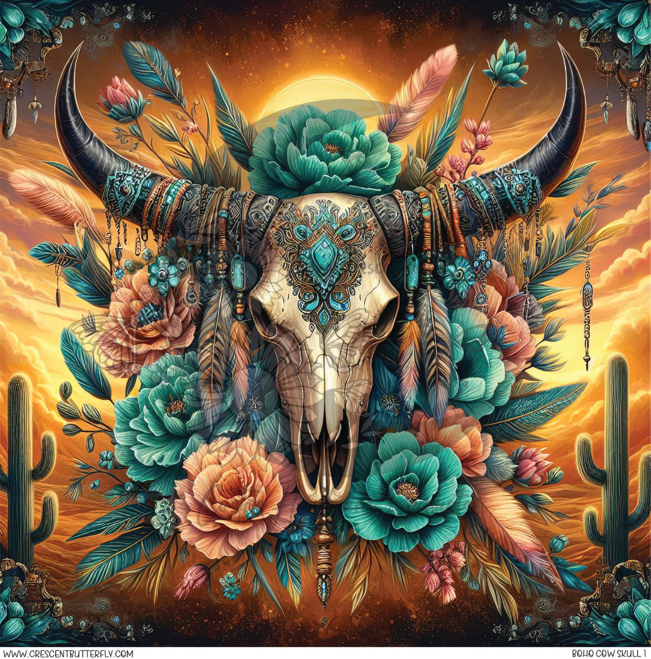 Boho Cow Skull 1 Printed Vinyl Sheet/Wrap