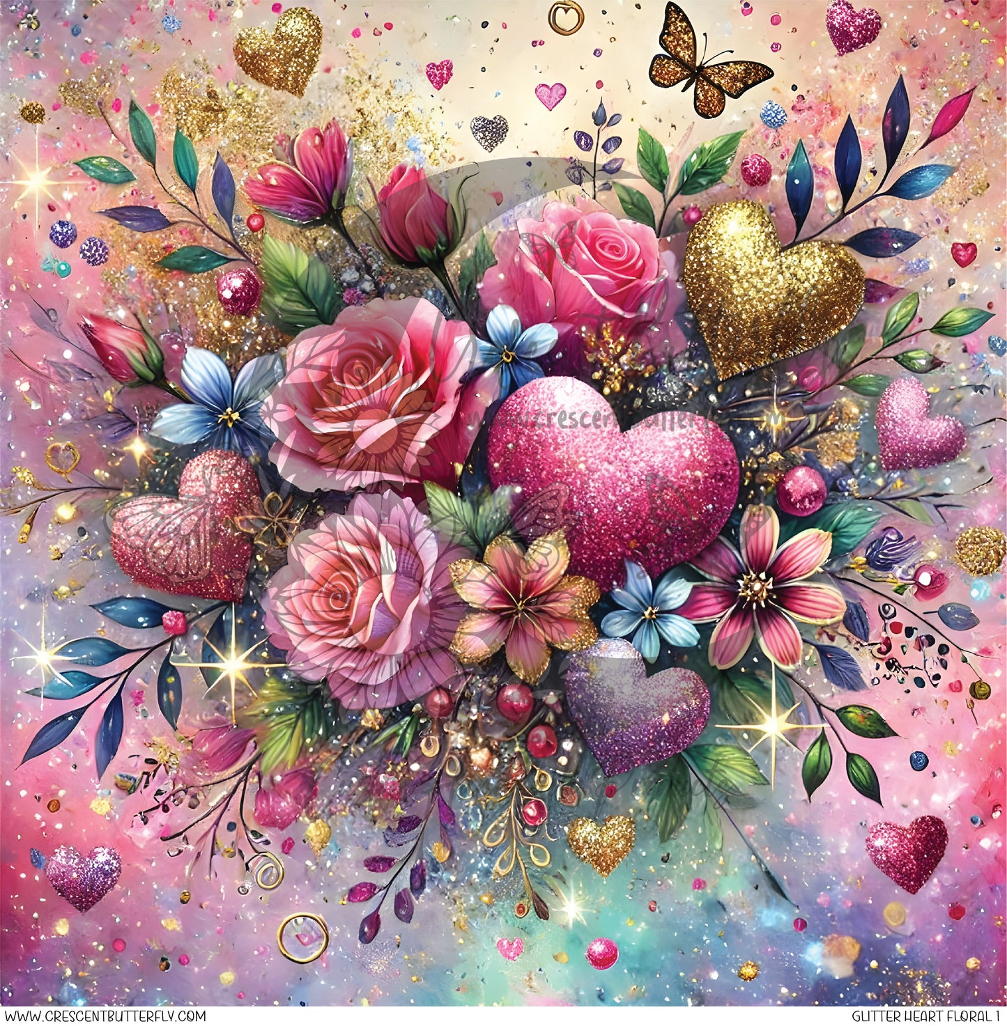 Glitter Heart Floral 1 Printed Vinyl Sheet/Wrap