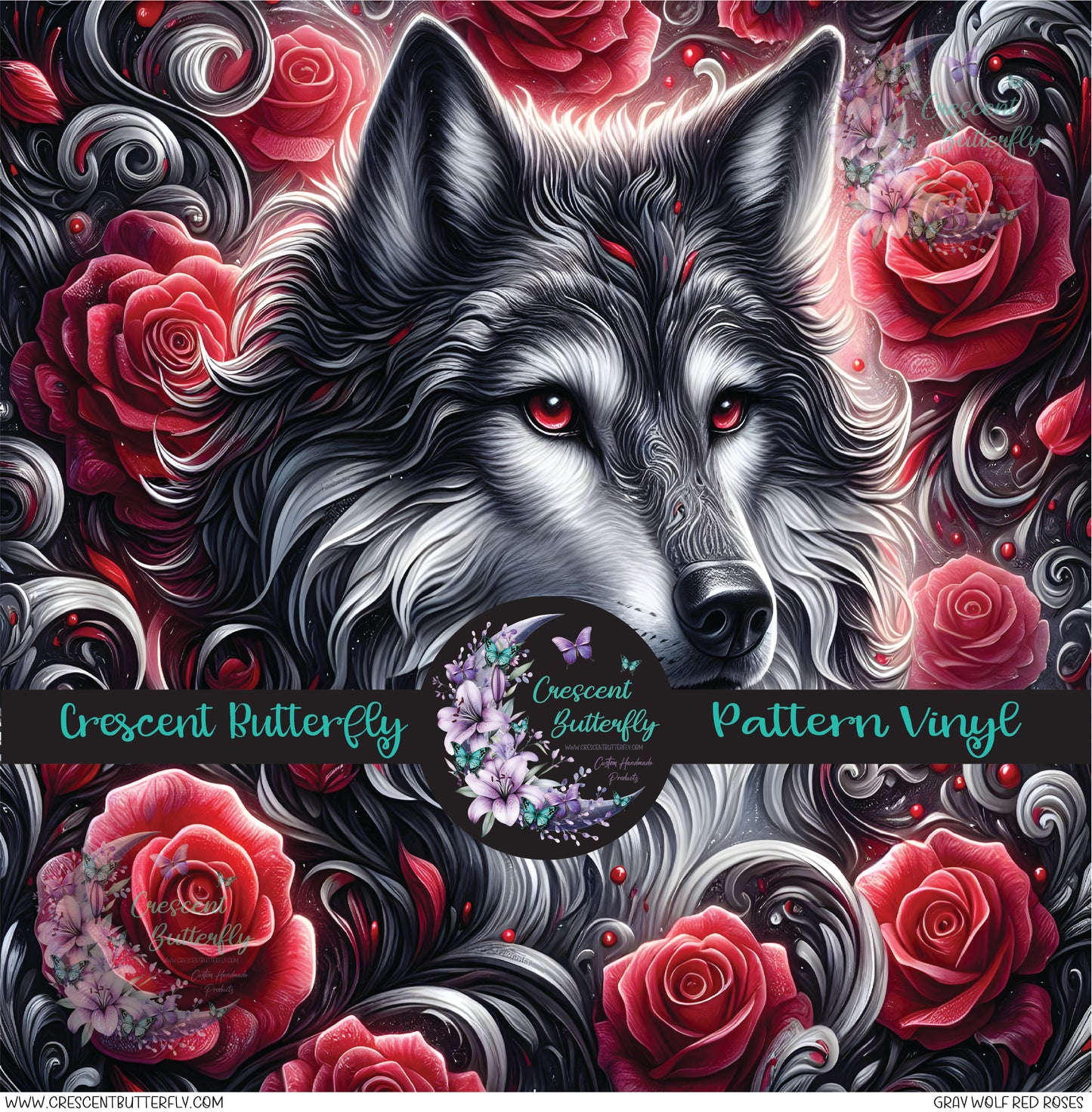 Gray Wolf Red Roses Printed Vinyl Sheet/Wrap