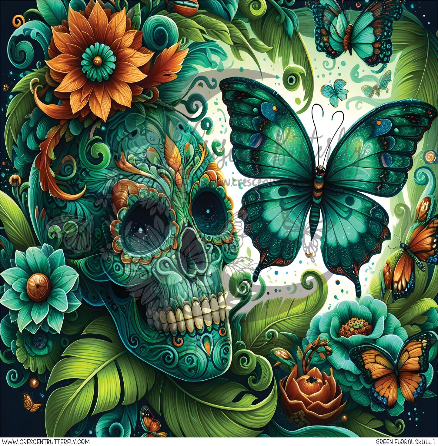 Green Floral Skull 1 Printed Vinyl Sheet/Wrap