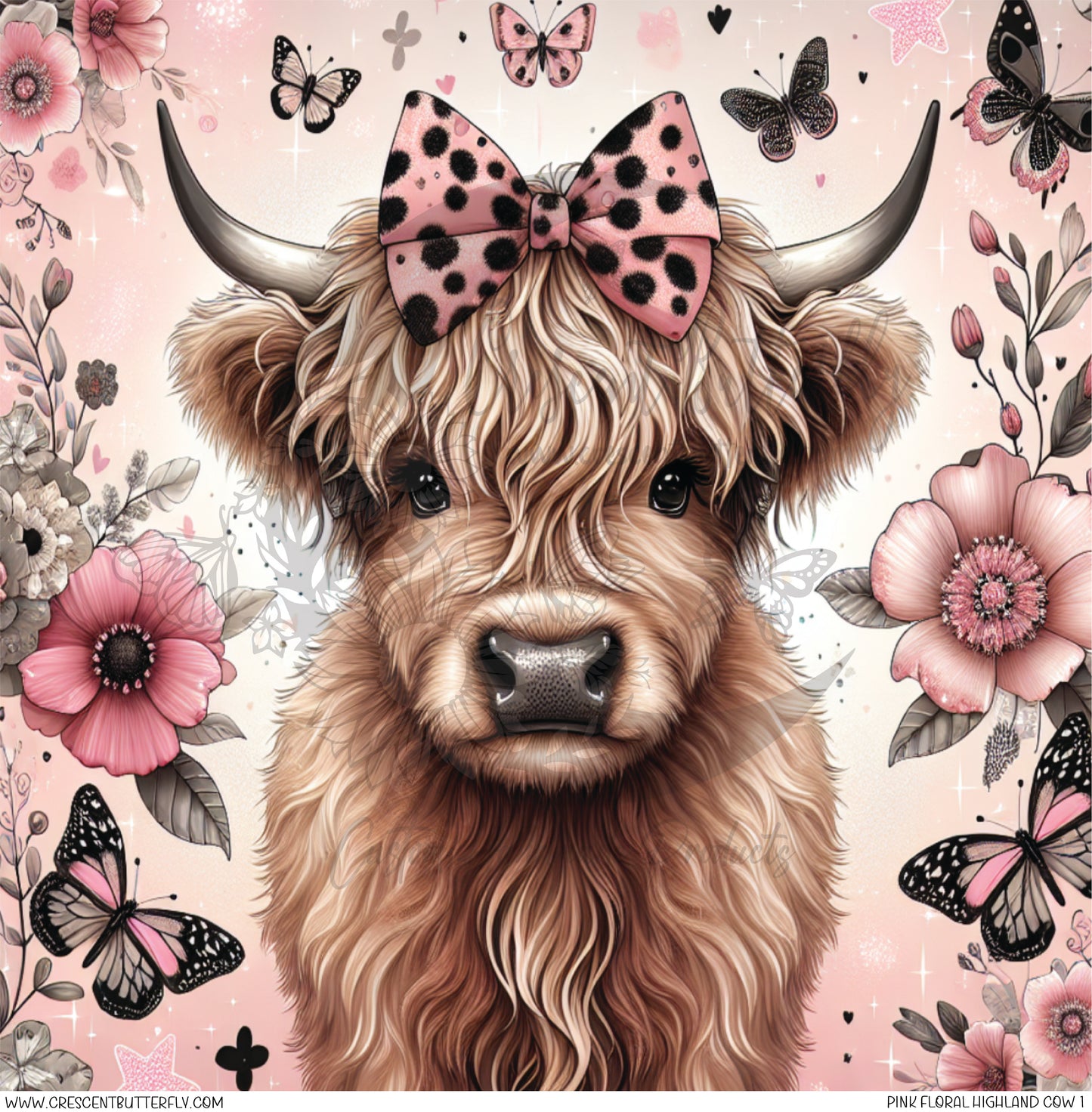 Pink Floral Highland Cow 1 Printed Vinyl Sheet/Wrap