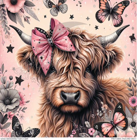 Pink Floral Highland Cow 2 Printed Vinyl Sheet/Wrap