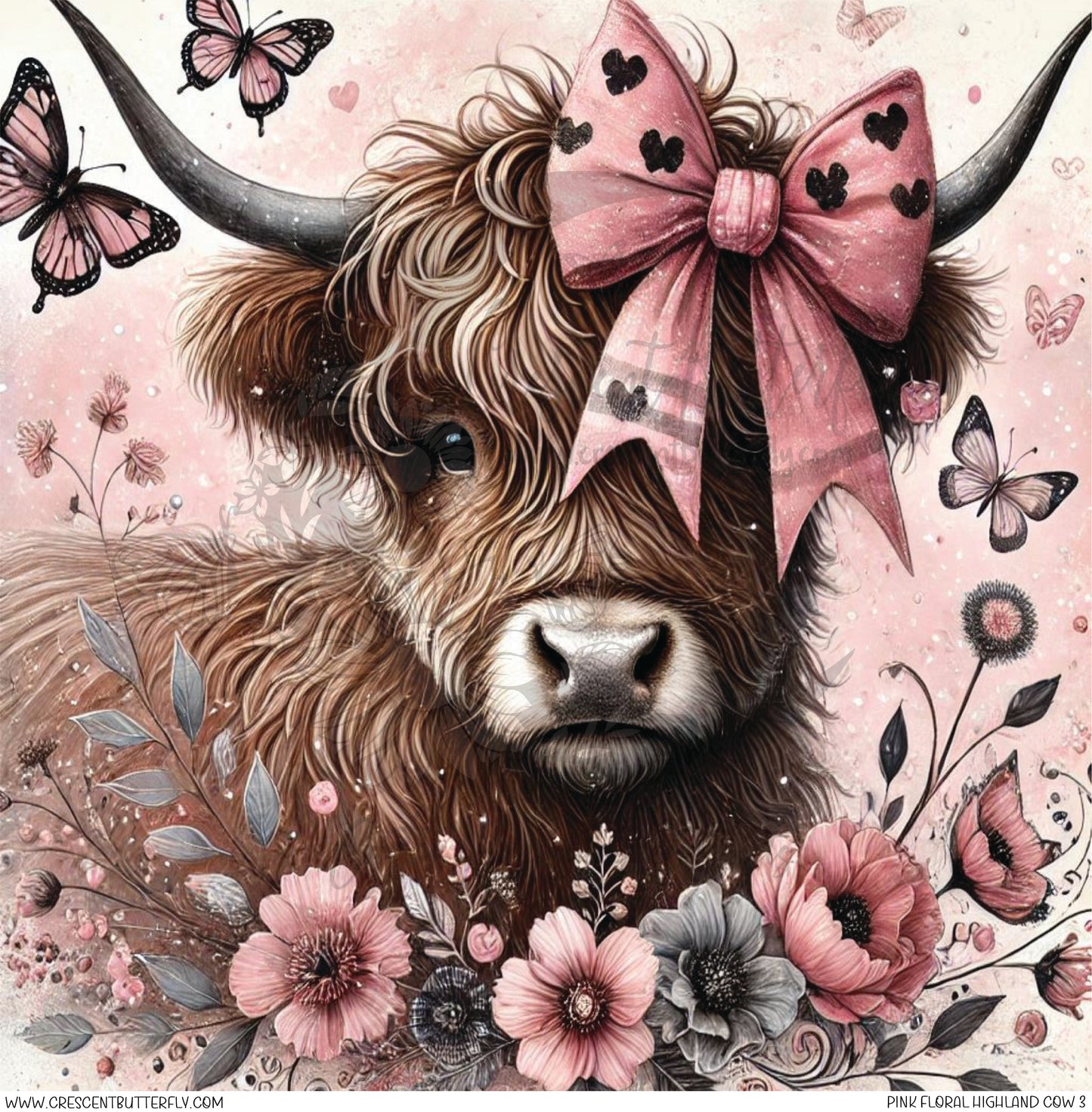 Pink Floral Highland Cow 3 Printed Vinyl Sheet/Wrap