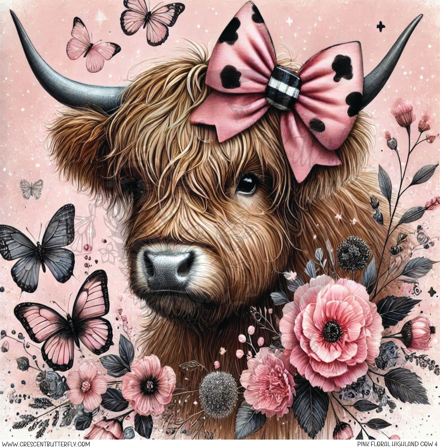 Pink Floral Highland Cow 4 Printed Vinyl Sheet/Wrap
