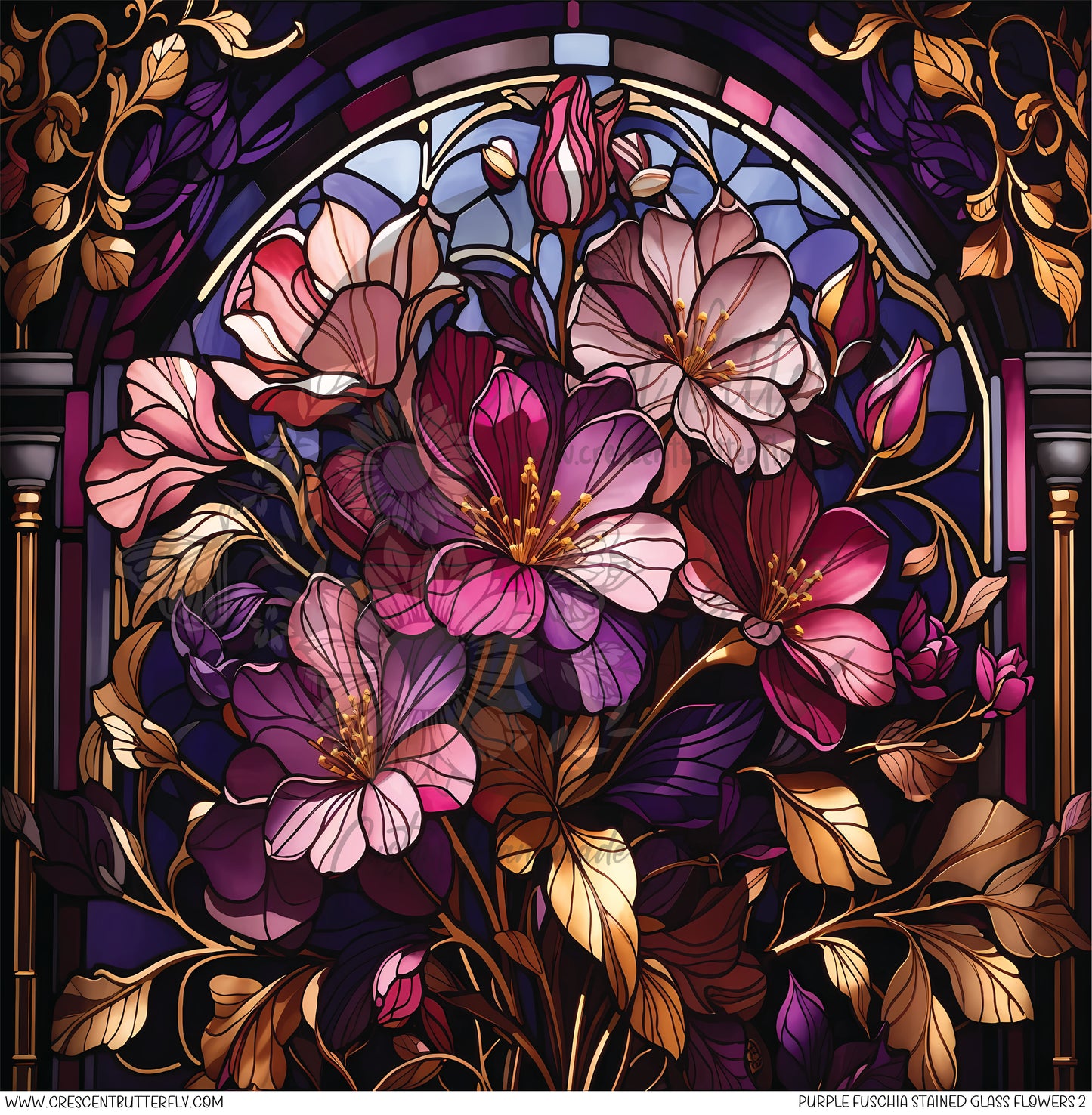Purple Fuschia Stained Glass Flowers 2 Printed Vinyl Sheet/Wrap