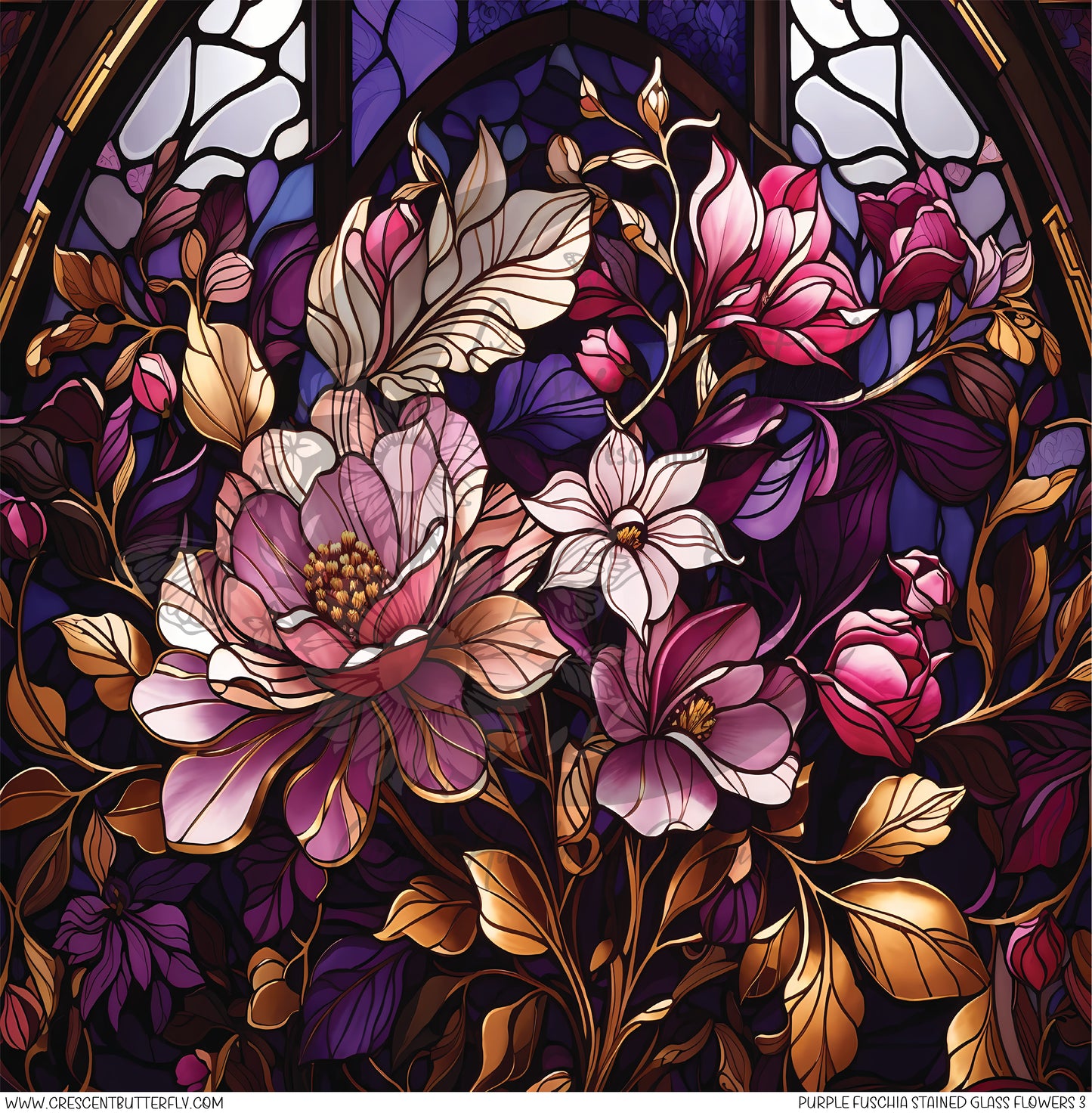 Purple Fuschia Stained Glass Flowers 3 Printed Vinyl Sheet/Wrap