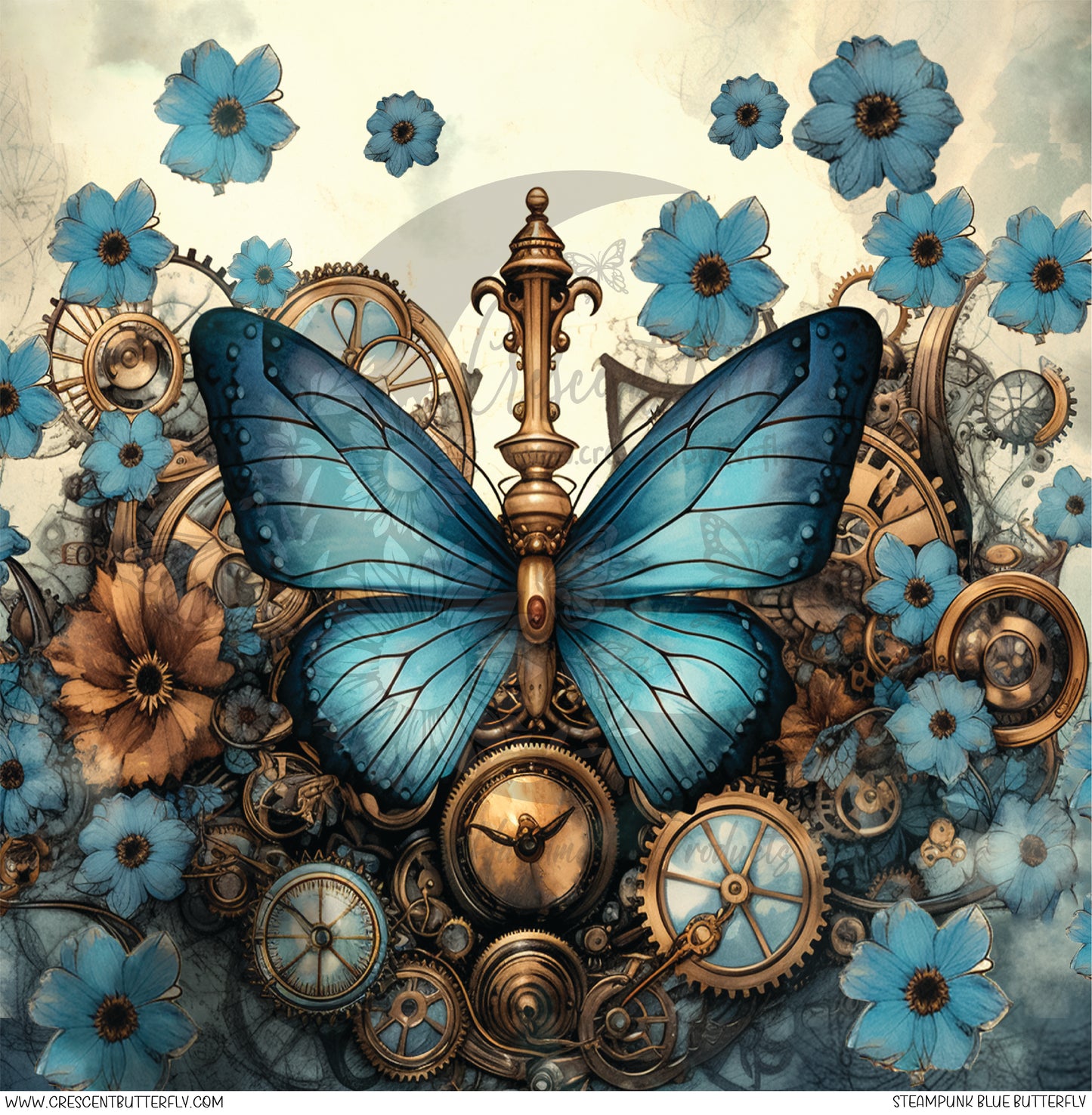 Steampunk Blue Butterfly Printed Vinyl Sheet/Wrap