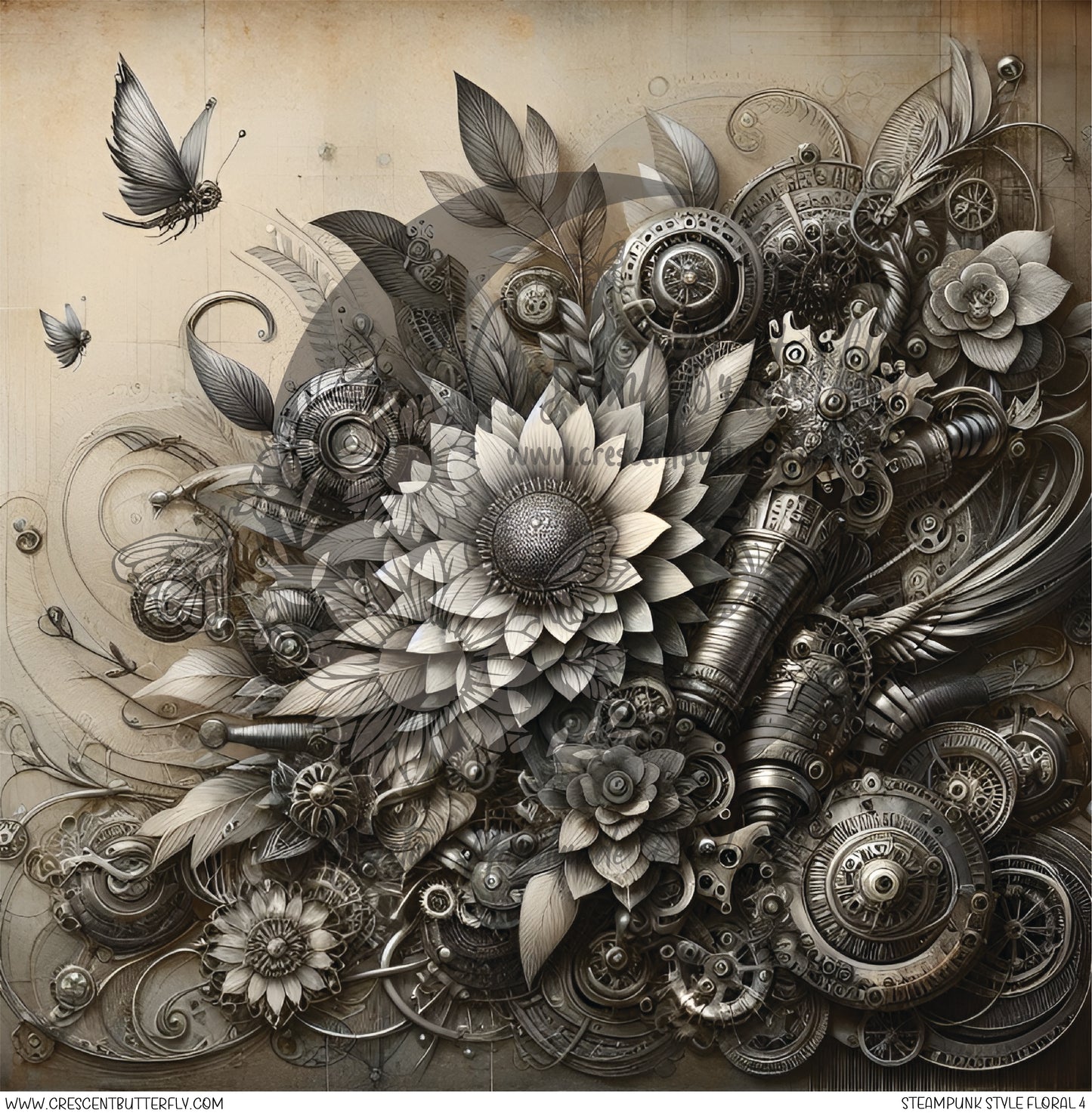 Steampunk Style Floral 4 Printed Vinyl Sheet/Wrap