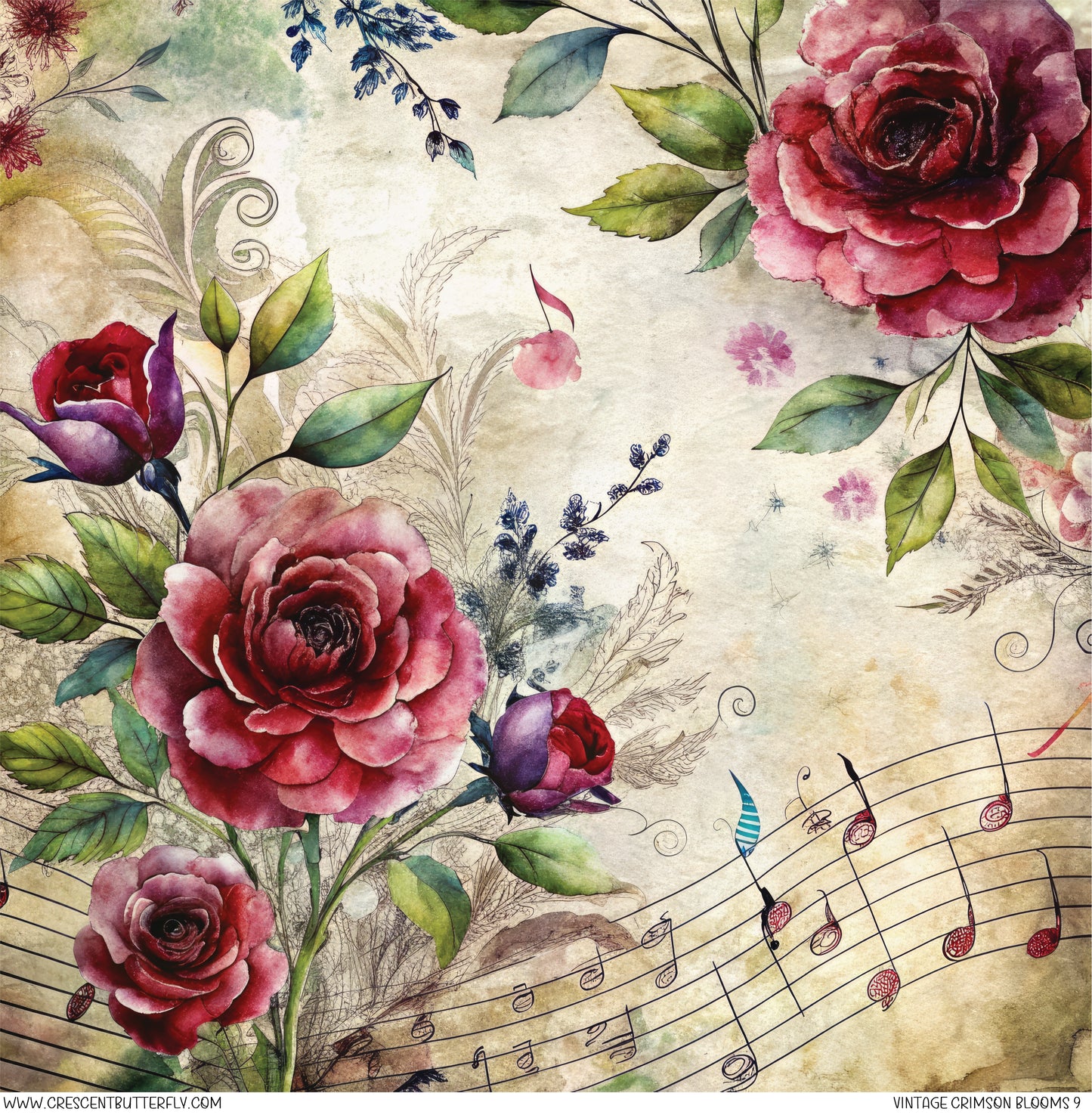 Vintage Crimson Blooms 9 Printed Vinyl Sheet/Wrap