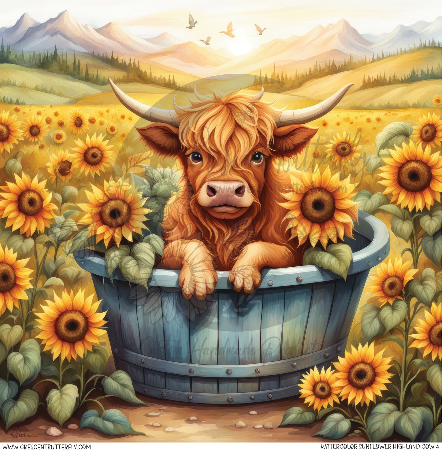 Watercolor Sunflower Highland Cow 4 Printed Vinyl Sheet/Wrap