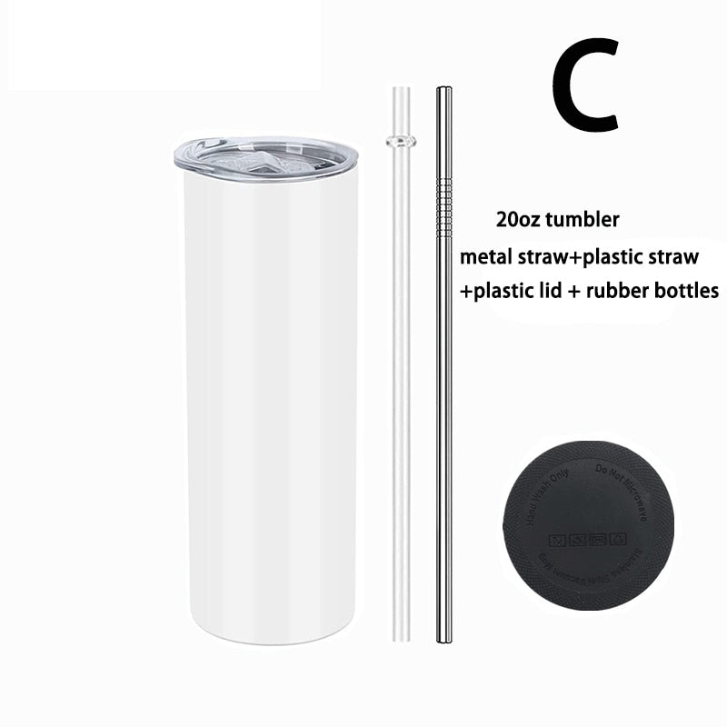 USA warehouse bulk 20oz 6/12/25pack Stainless steel White Straight skinny Sublimation Tumbler With metal Straw and Rubber Mat