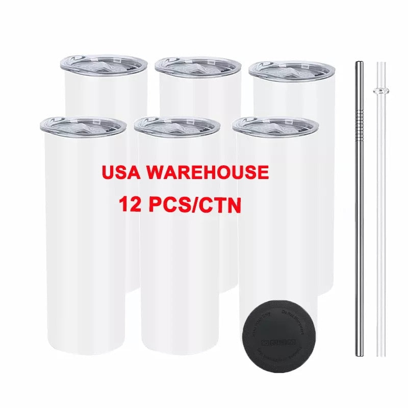 USA warehouse bulk 20oz 6/12/25pack Stainless steel White Straight skinny Sublimation Tumbler With metal Straw and Rubber Mat