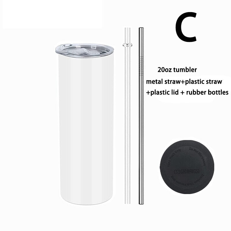 USA warehouse bulk 20oz 6/12/25pack Stainless steel White Straight skinny Sublimation Tumbler With metal Straw and Rubber Mat