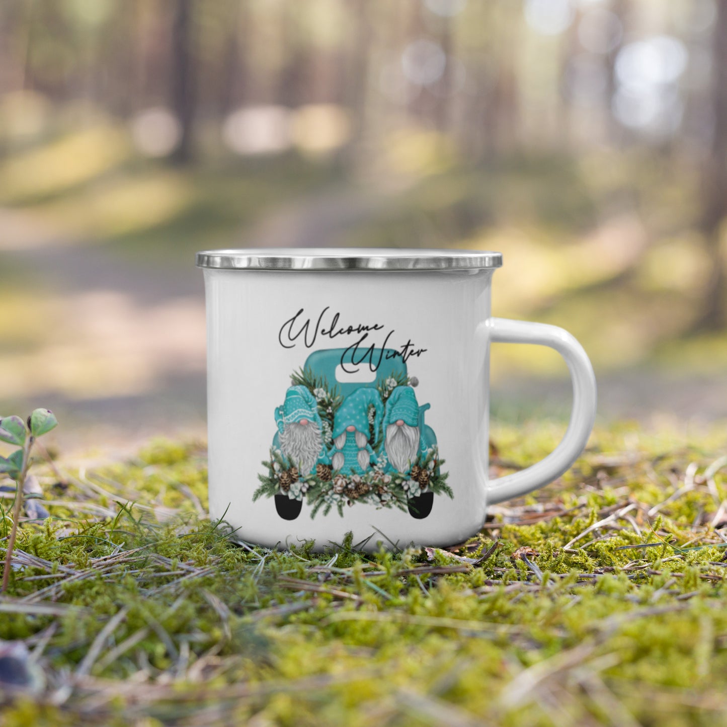 Welcome Winter Teal Gnomes Enamel Mug
