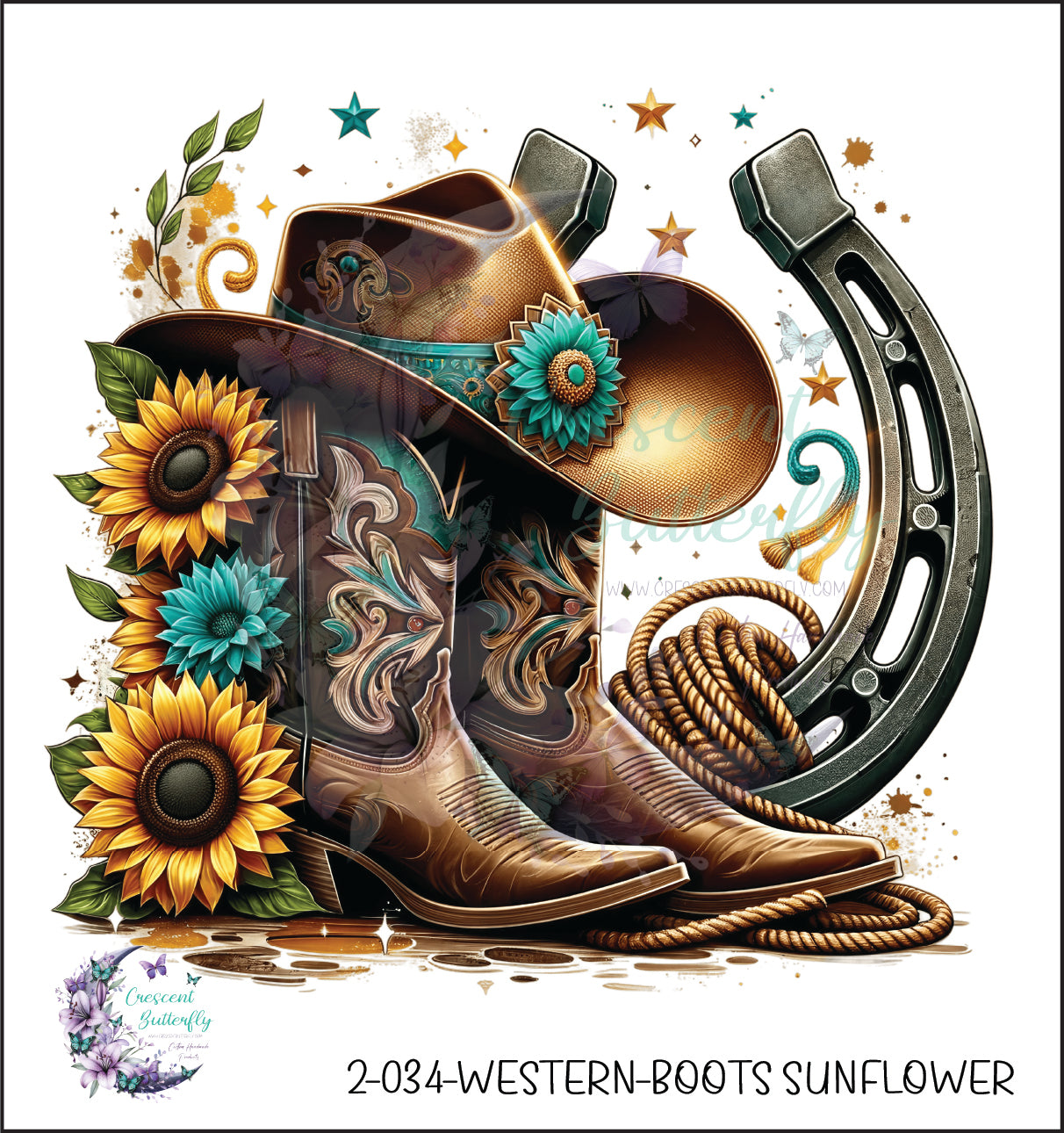 2-034-Western-Boots Sunflower UV DTF Decal