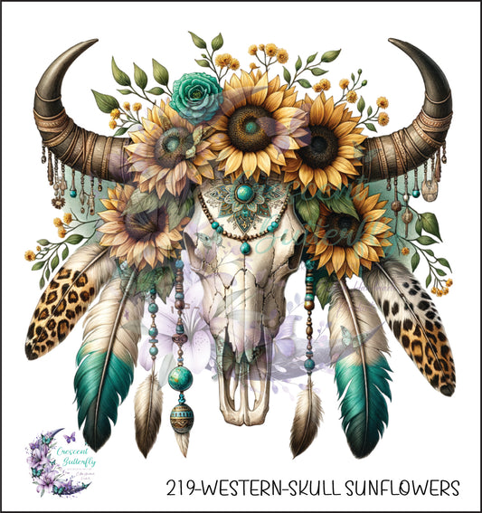 219-Western-Skull Sunflowers UV DTF Decal