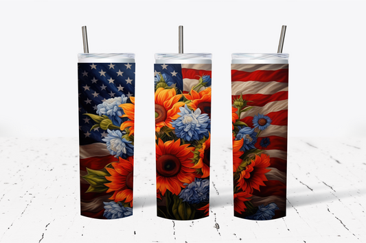 American Flag Sunflower 3D Sublimation Tumbler