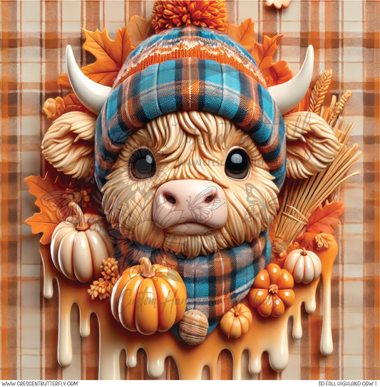 3D Fall Highland Cow 1 Printed Vinyl Sheet/Wrap
