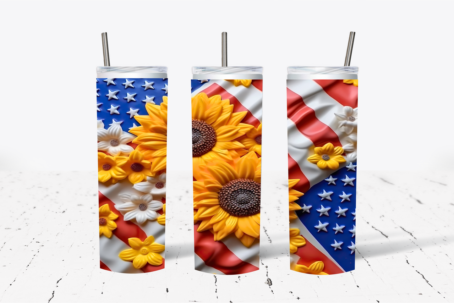 Sunflower American Flag 3D Sublimation Tumbler