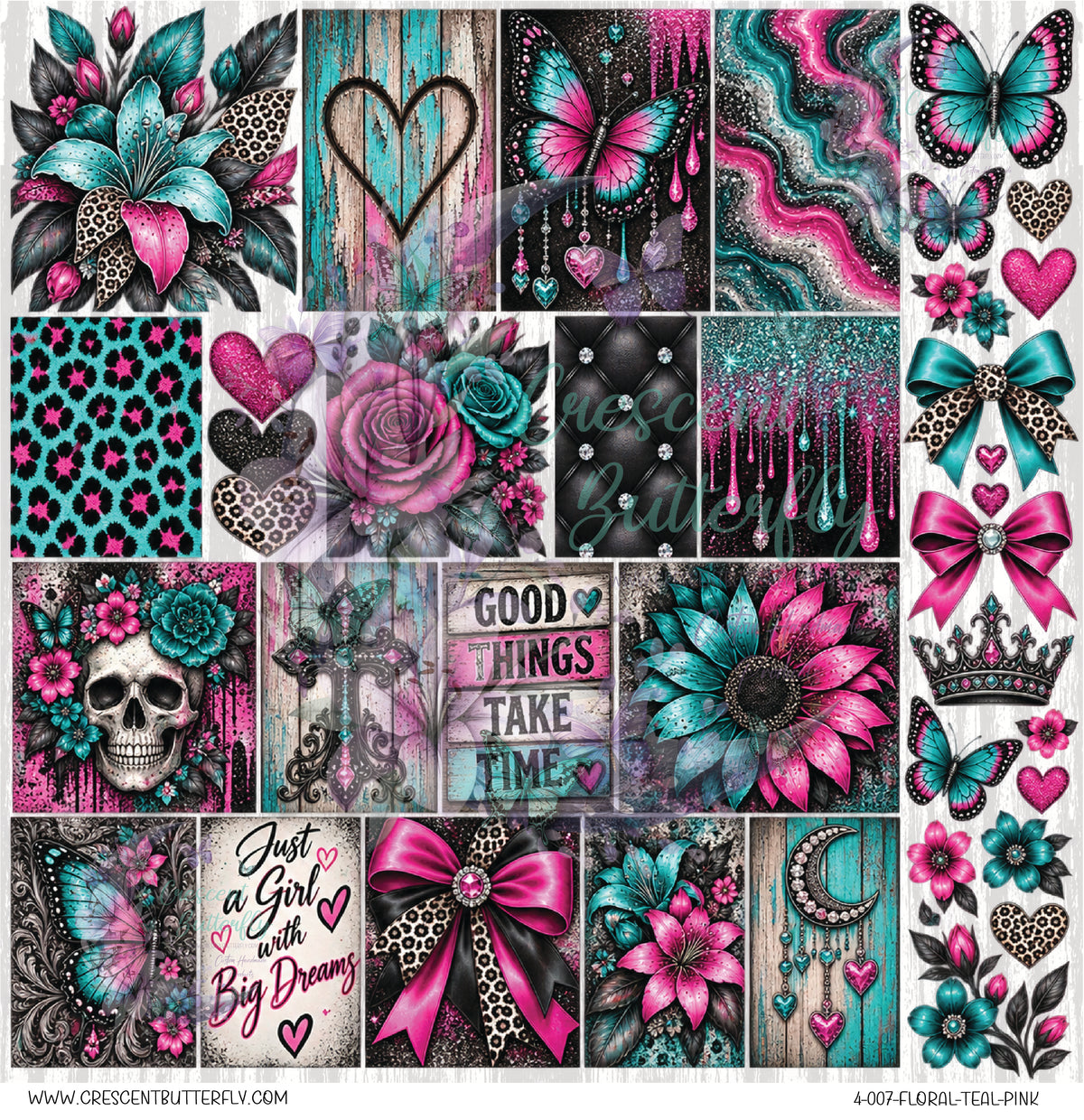 4-007-Floral-Teal-Pink 10x10 UV DTF Sheet