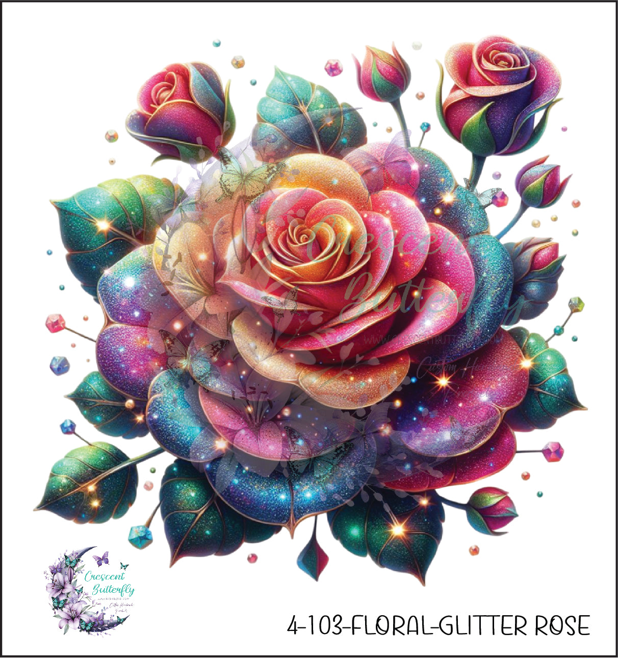 4-103-Floral-Glitter Rose UV DTF Decal