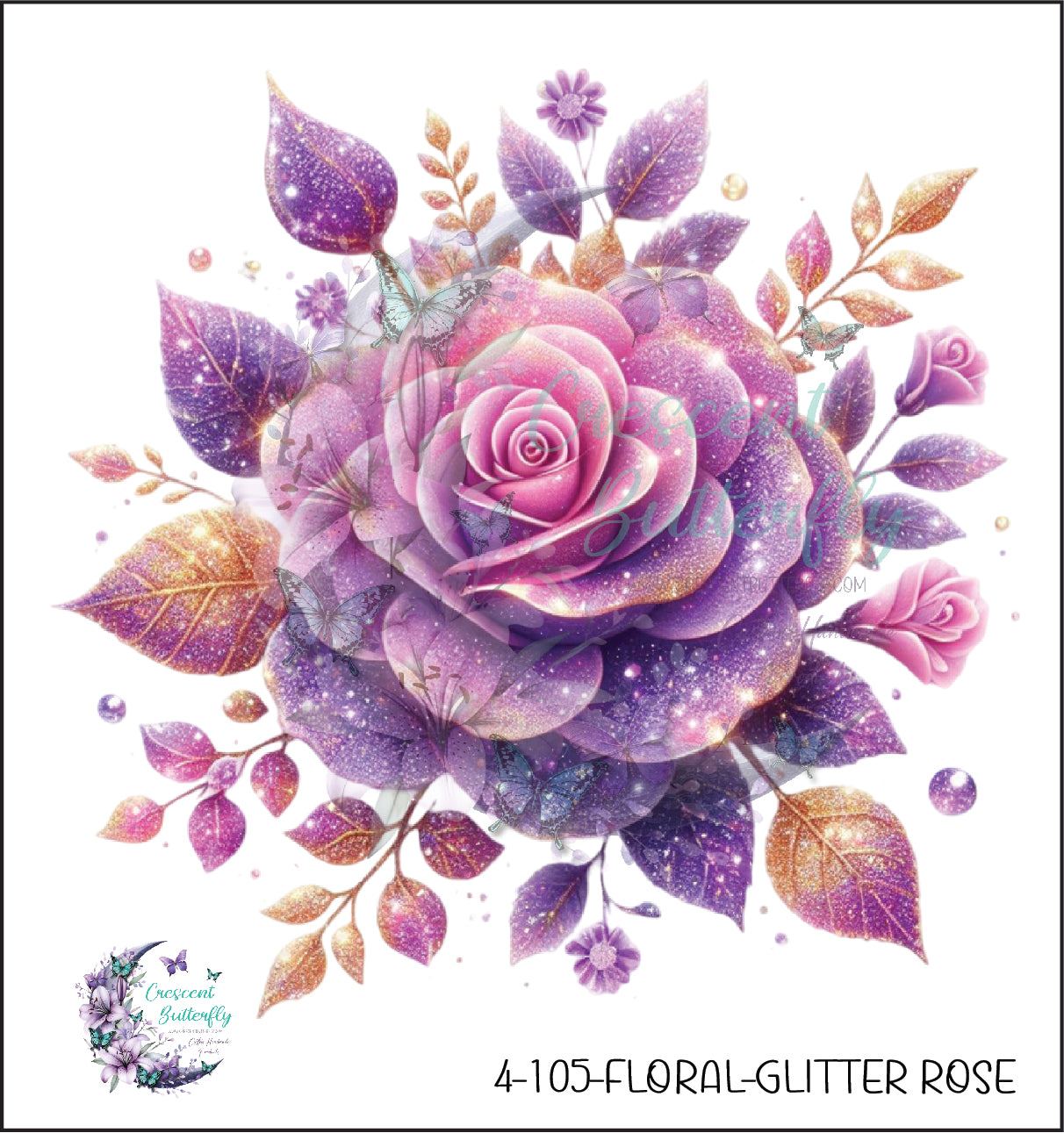 4-105-Floral-Glitter Rose UV DTF Decal