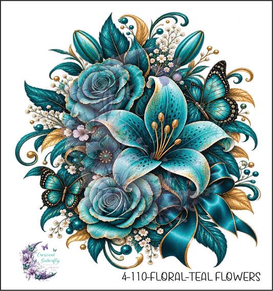4-110-Floral-Teal Flowers UV DTF Decal
