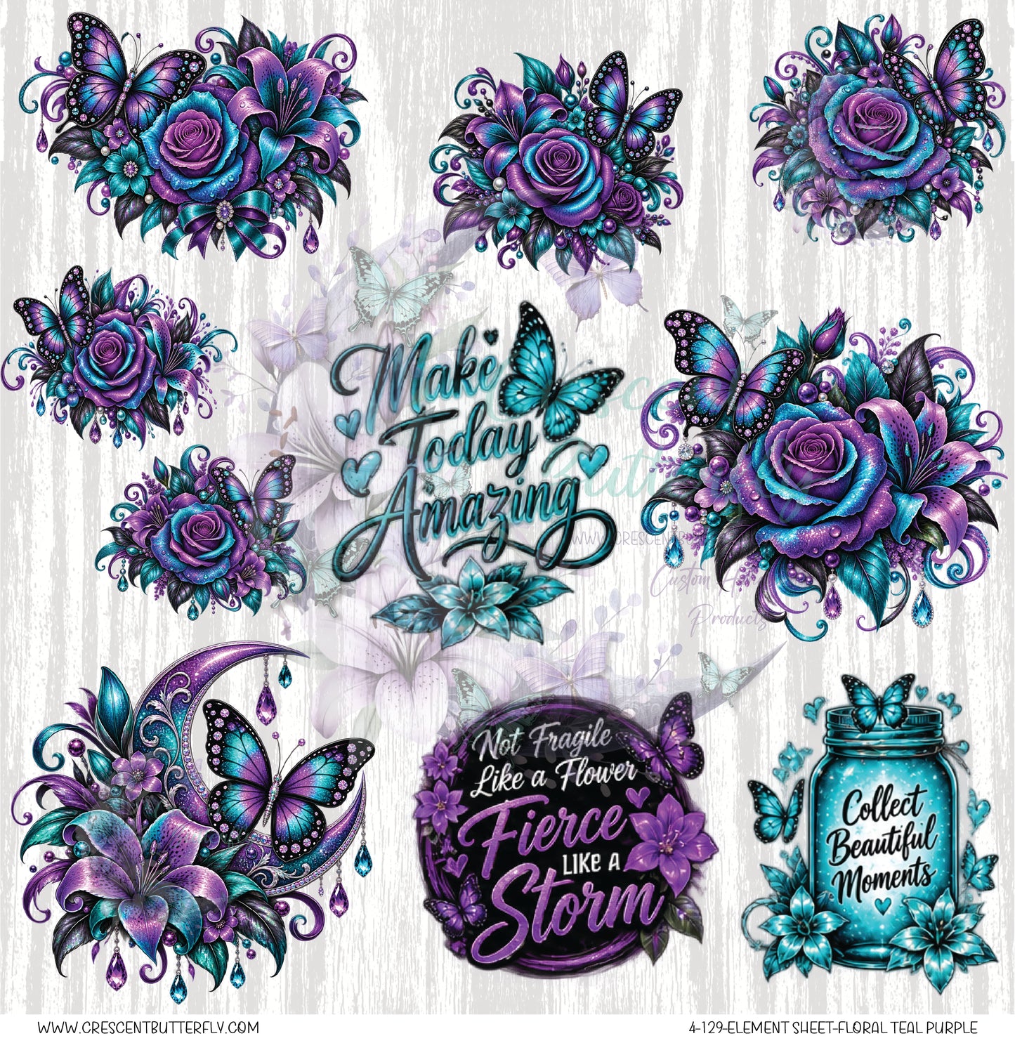 4-129-Element Sheet-Floral Teal Purple UV DTF